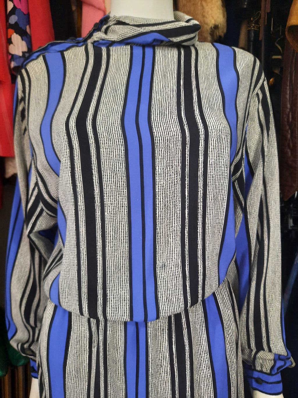 Vintage Blue Silk Stripe Blousan Dress Size L