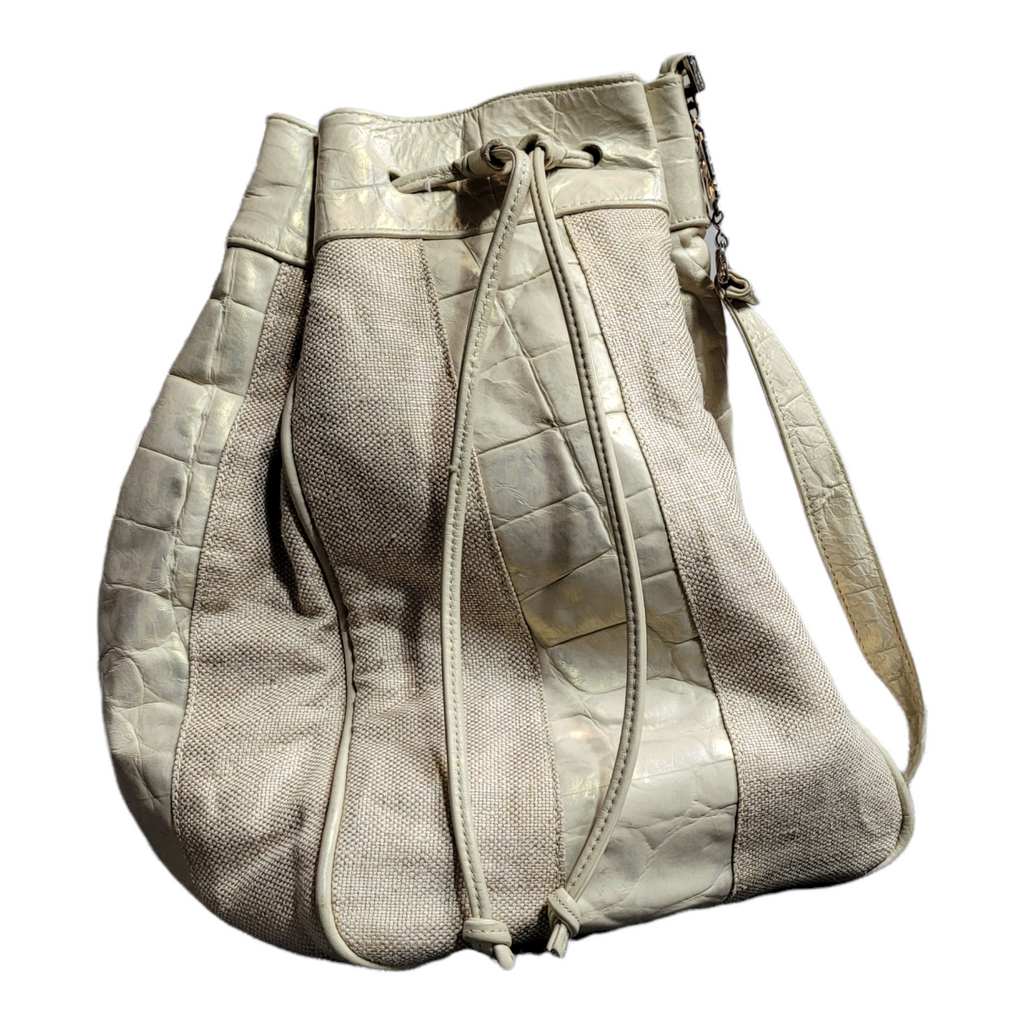 Vintage Leather and Canvas Drawstring Bucket Bag