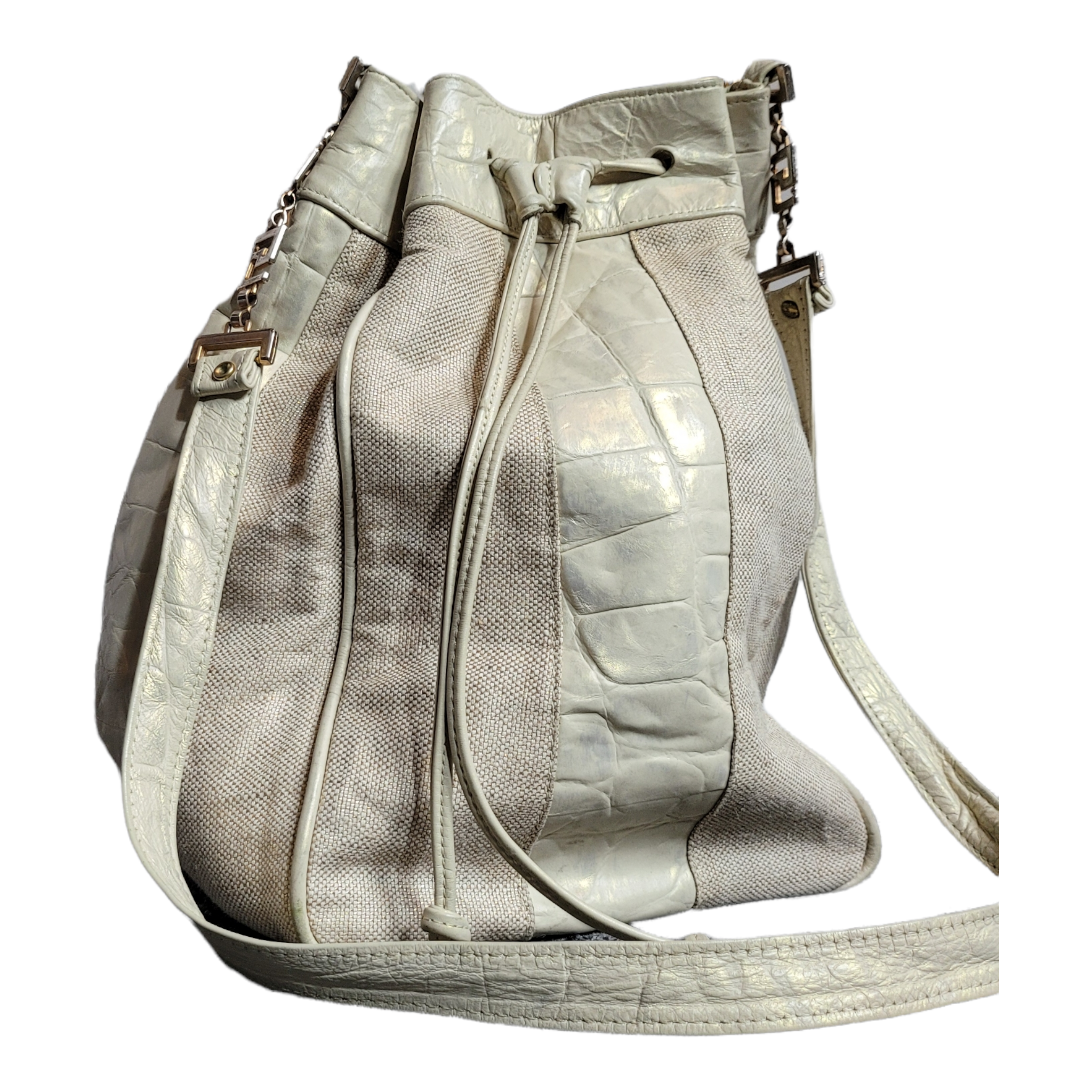 Vintage Leather and Canvas Drawstring Bucket Bag