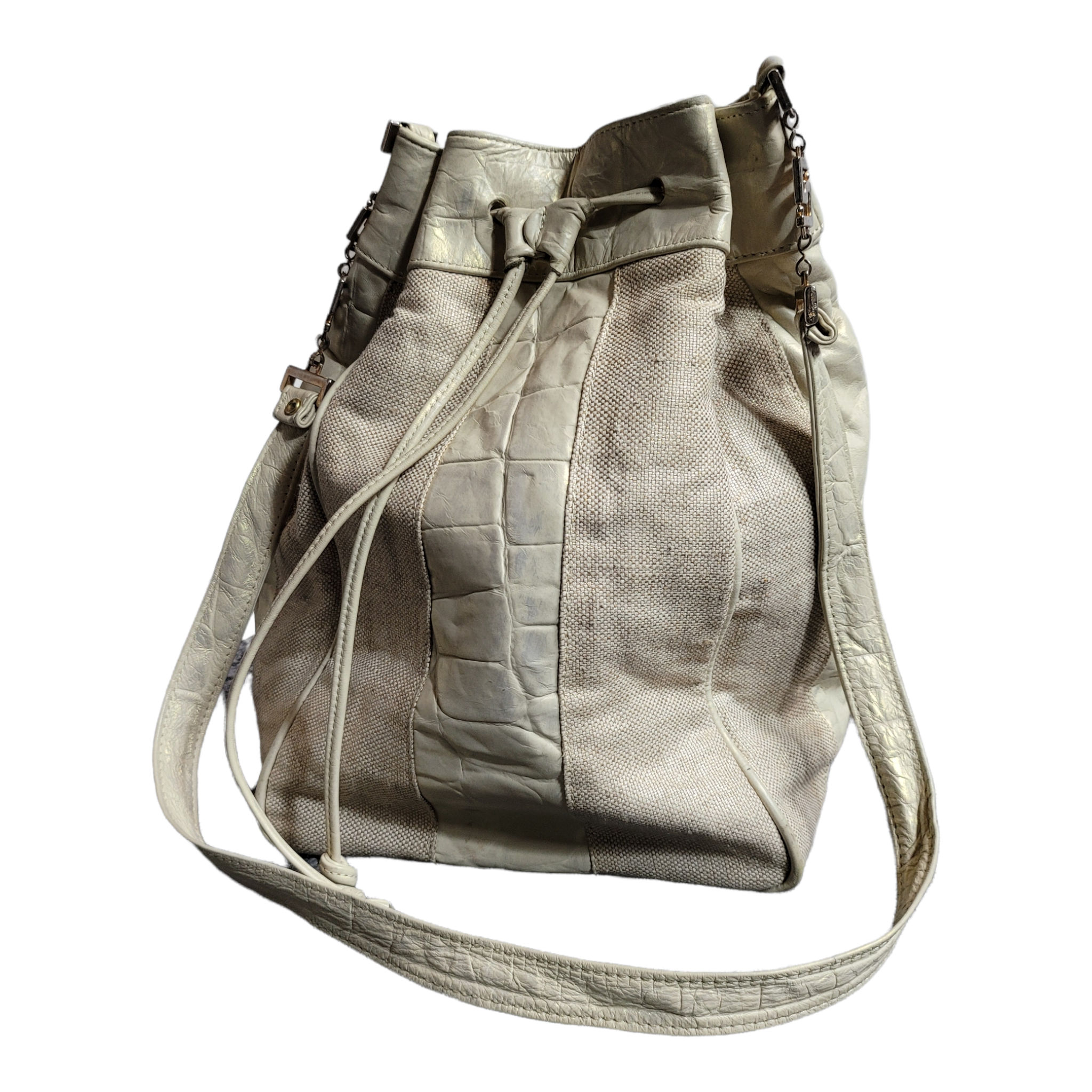 Vintage Leather and Canvas Drawstring Bucket Bag