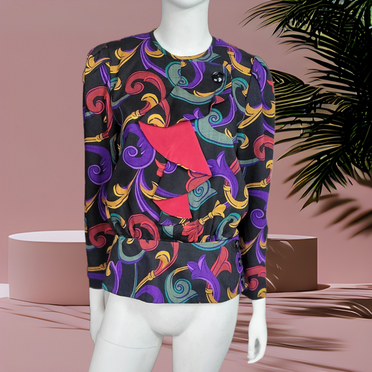 80s Vintage Wool Shirts Richard Warren Printed Peplum Top Size 6