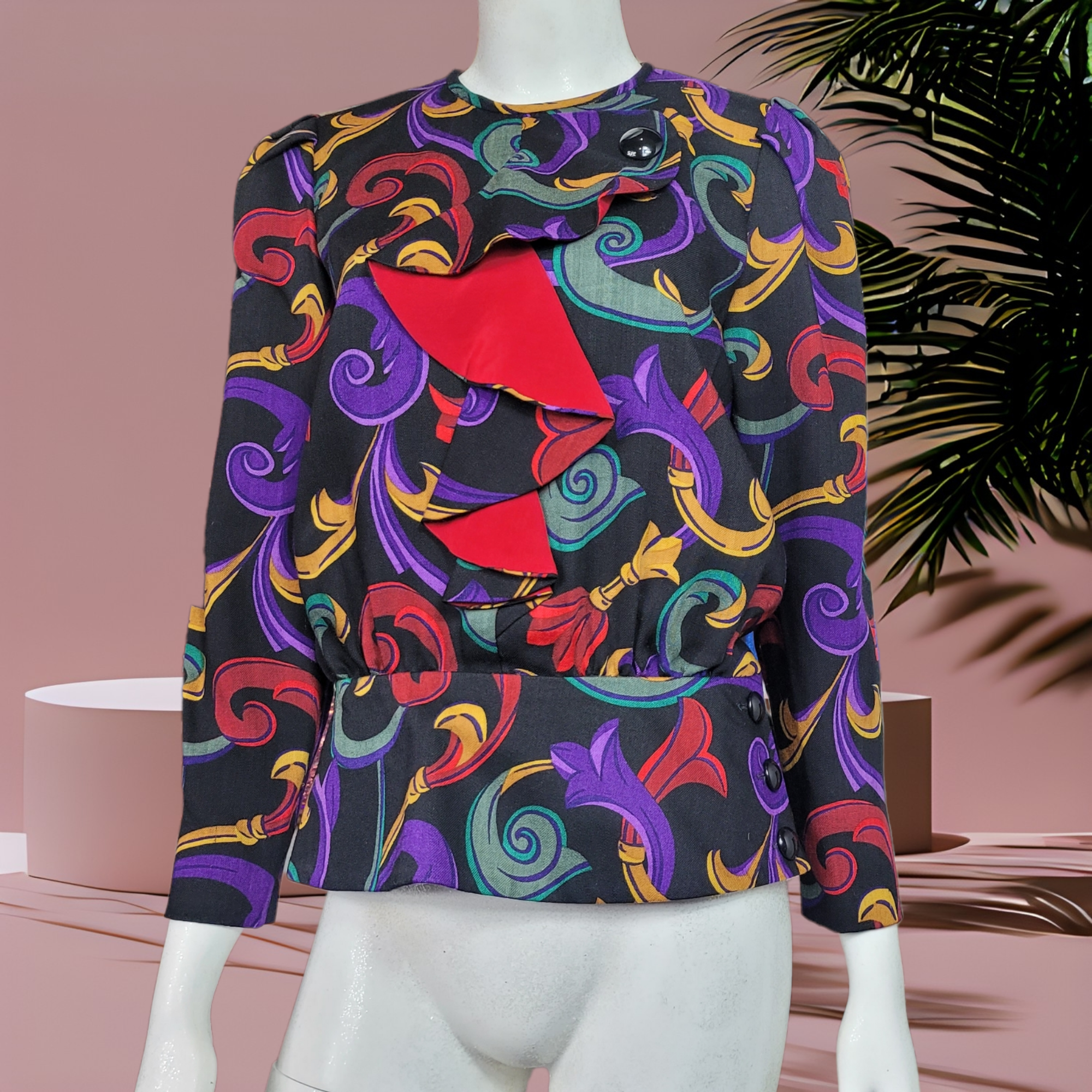 80s Vintage Wool Shirts Richard Warren Printed Peplum Top Size 6