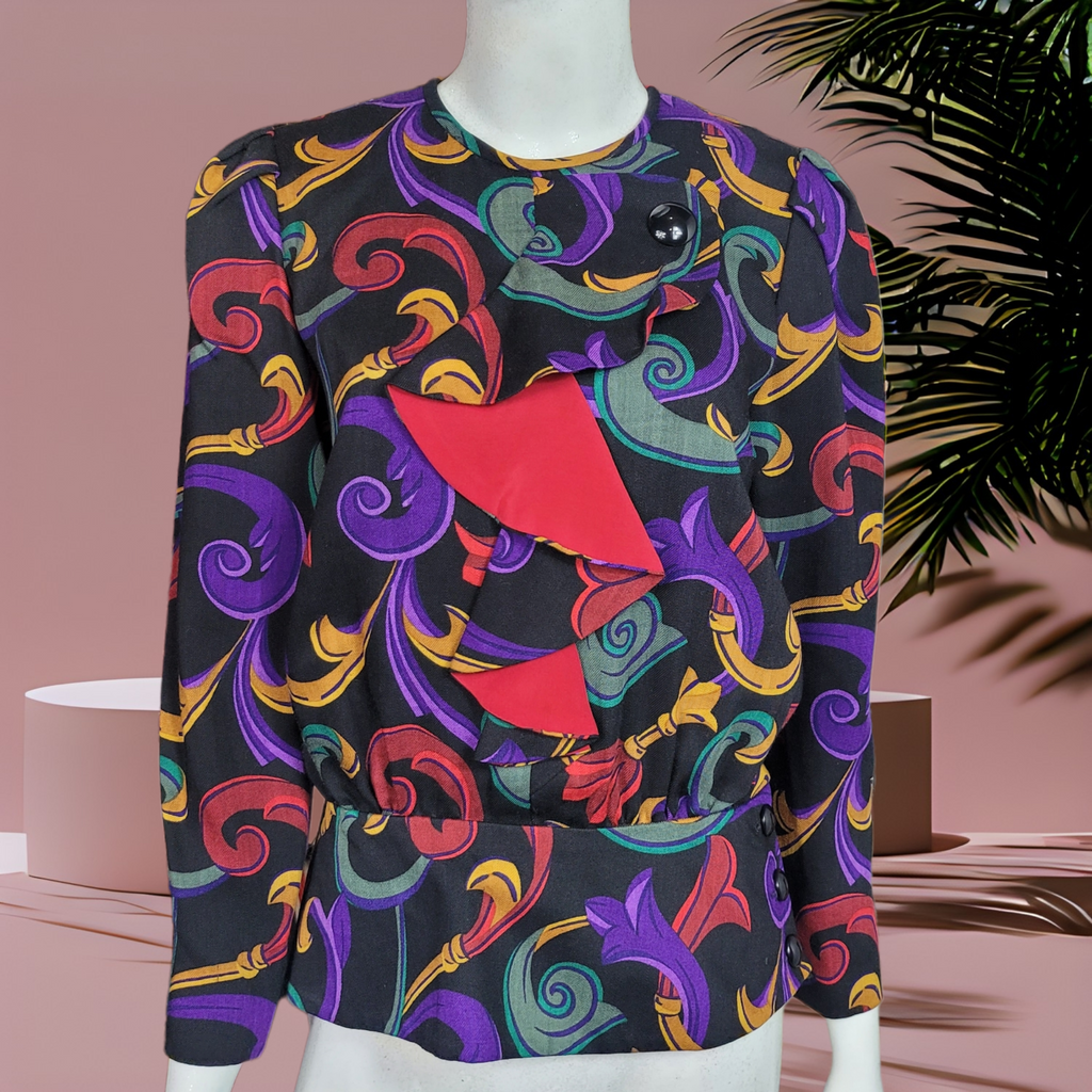 80s Vintage Wool Shirts Richard Warren Printed Peplum Top Size 6