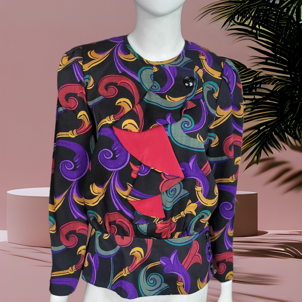 80s Vintage Wool Shirts Richard Warren Printed Peplum Top Size 6