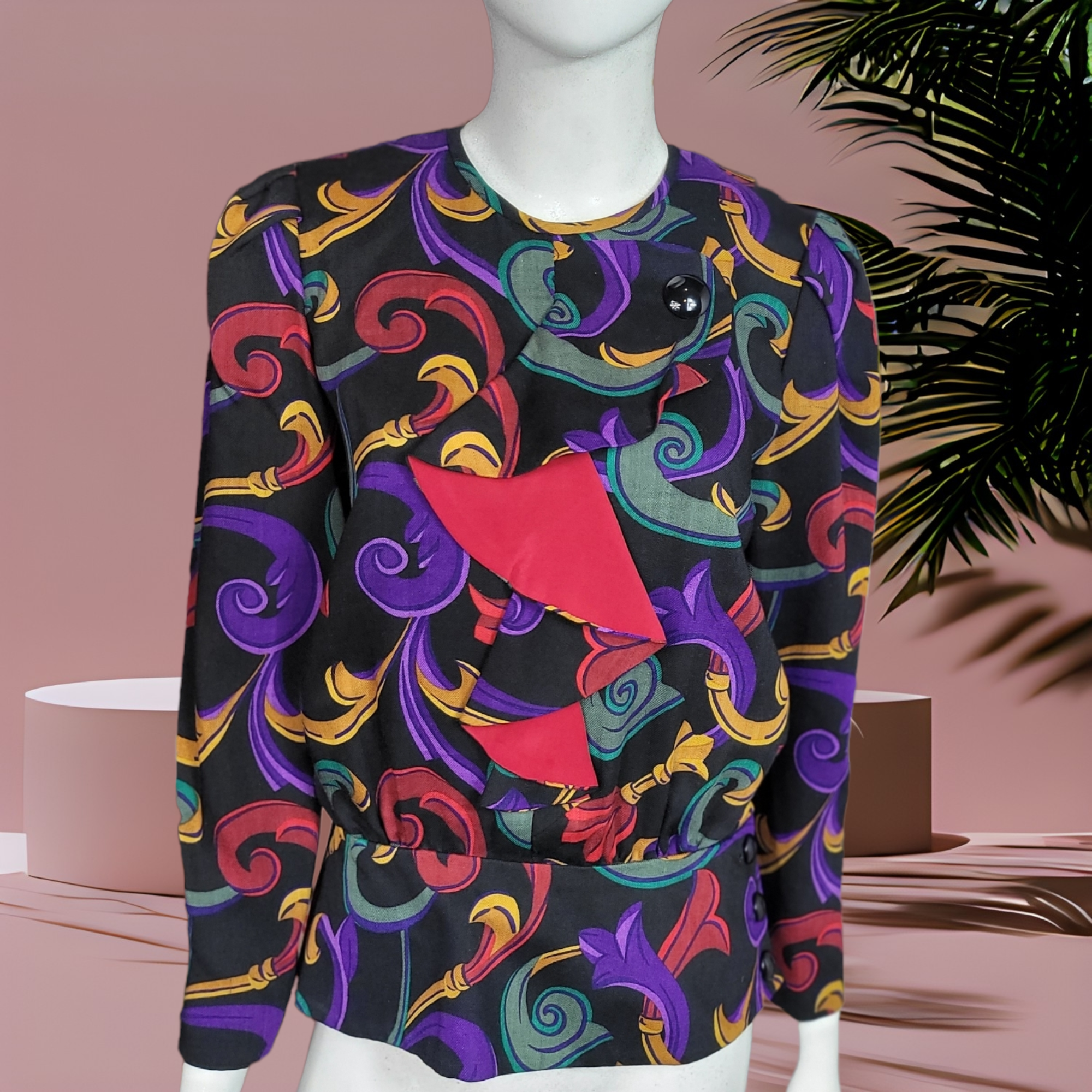 80s Vintage Wool Shirts Richard Warren Printed Peplum Top Size 6