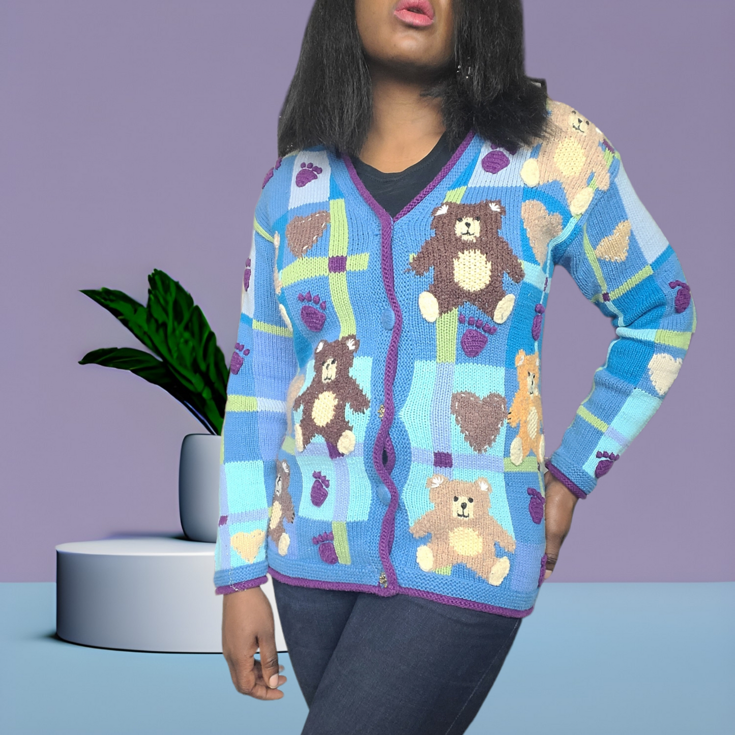 Vintage Storybook Knits My Funny Teddy Sweater Size Small