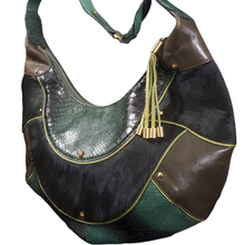 Load image into Gallery viewer, 90s Cole Haan Green Gold Fish Patchwork Leather &amp; Calf Hair Bag
