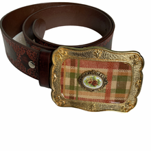 Load image into Gallery viewer, Vintage Leather Tooled Belt with Plaid Buckle Size M