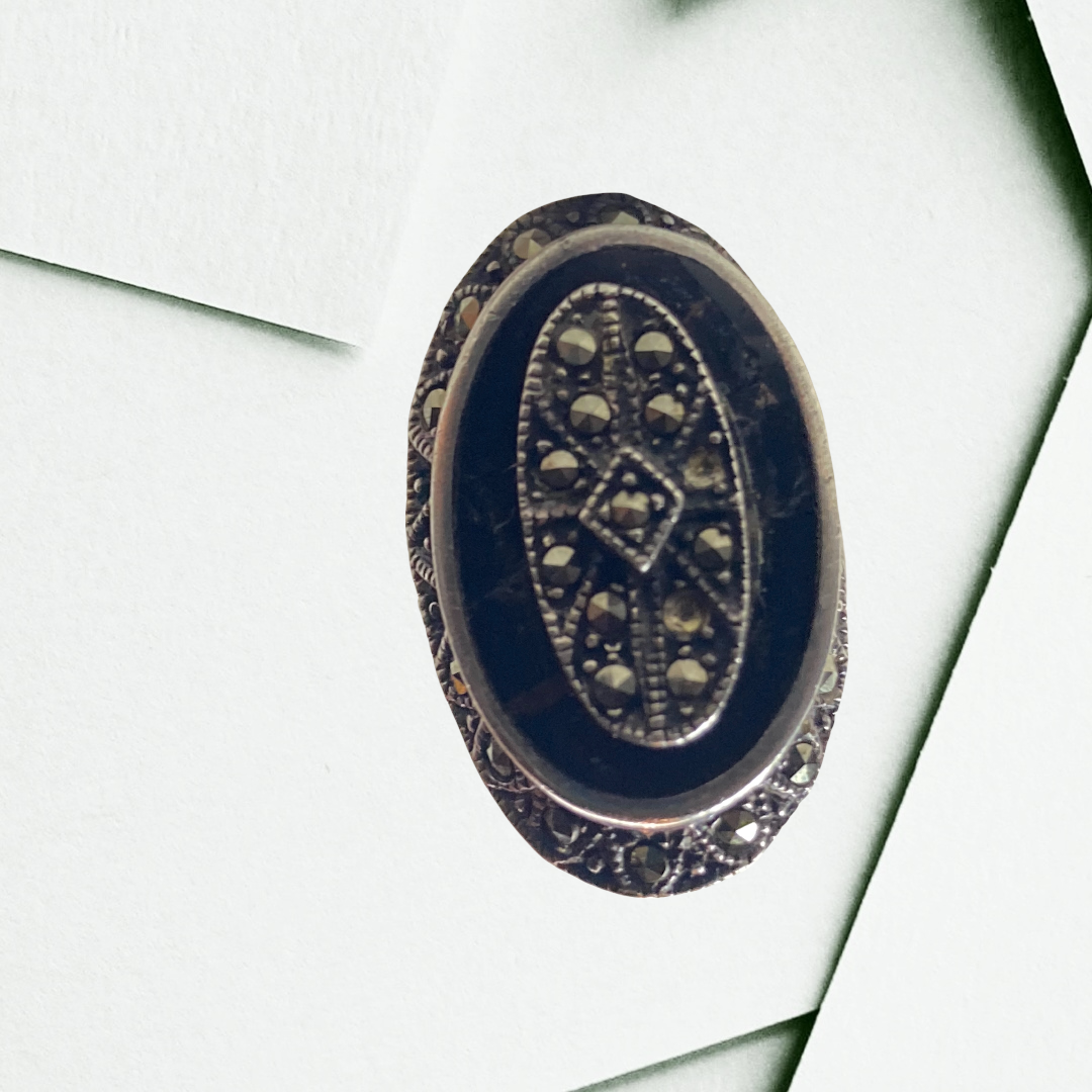 Antique Victorian Mourning Sterling Black Onyx Marcasite Ring