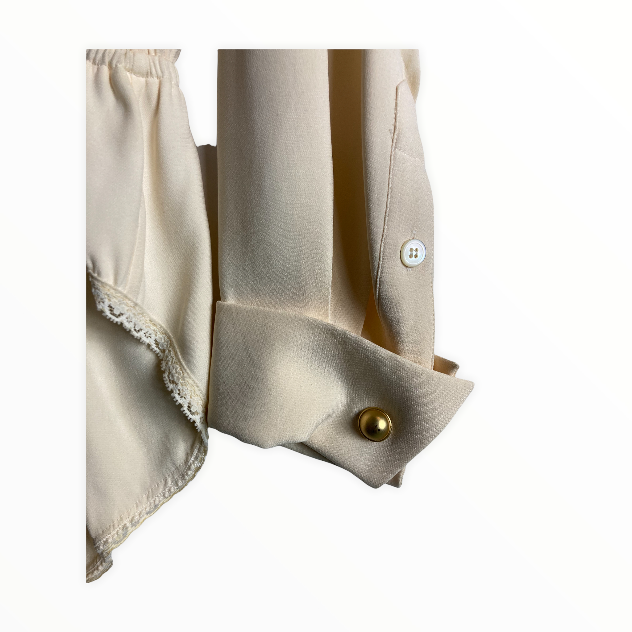 Vintage Donna Karan Ivory Silk Bodysuit Blouse, French Cuffs — Draped Waist | 1990s Designer Minimalist Size 10