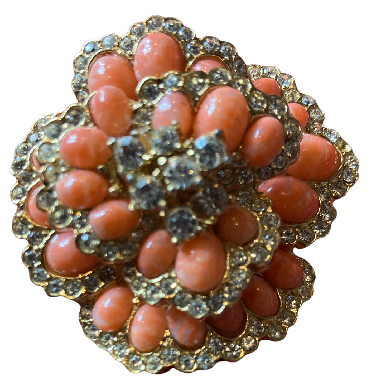 Vintage Signed Ciner Flower Brooch,Coral Cabachon Rhinestone