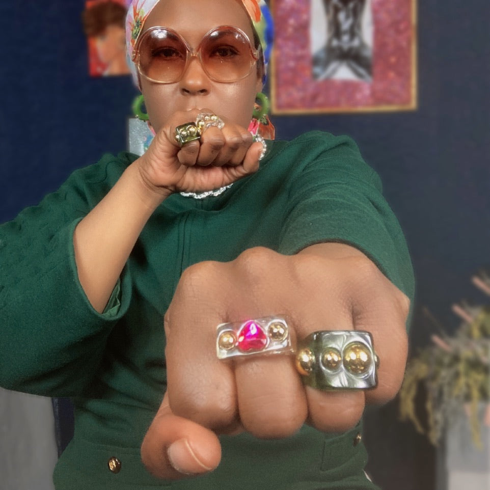 Image Gang_Kandi_Clear_Resin Ring__Pink Heart_Gold Studs_Lucille Golden_Vintage