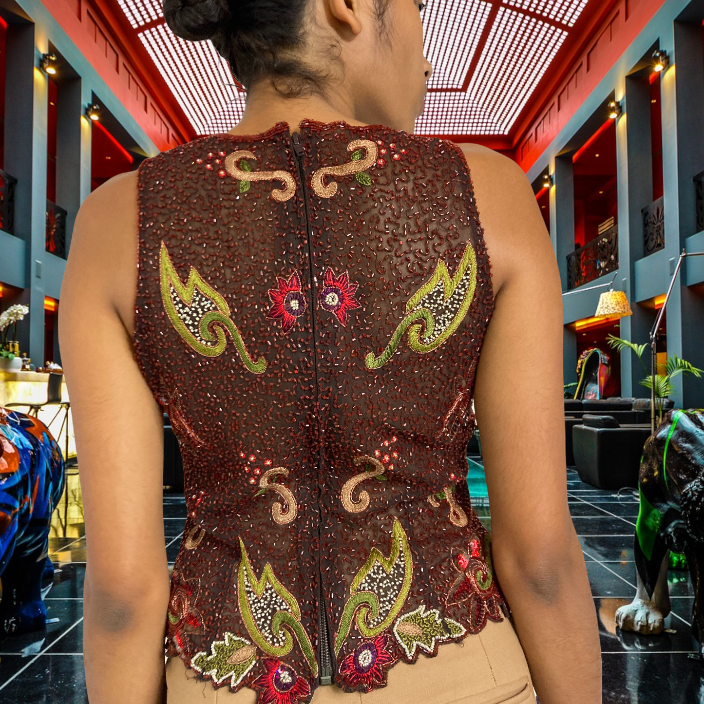 Beaded Silk Georgette Zip Bodice Blouse Vintage sz. M