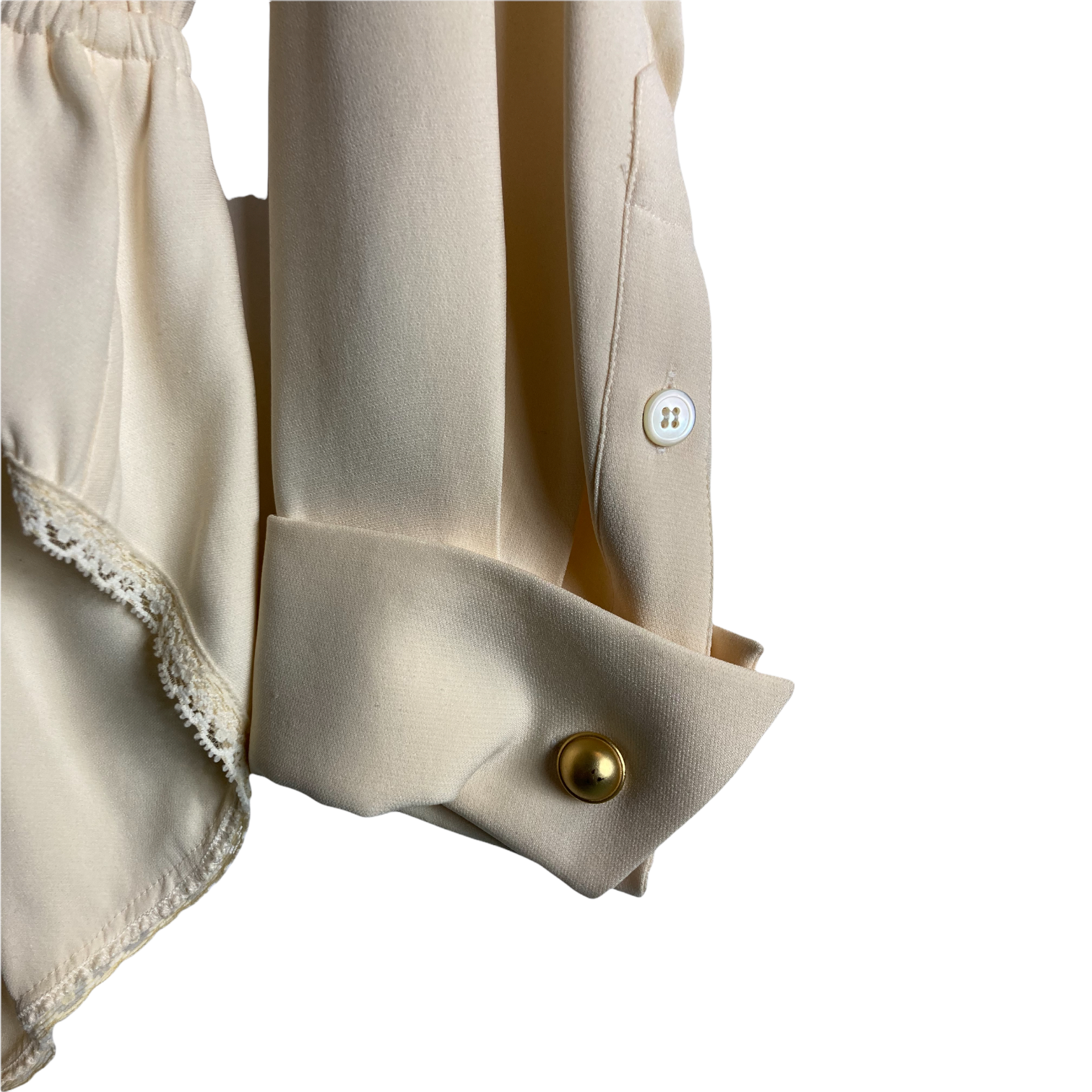 Vintage Donna Karan Ivory Silk Bodysuit Blouse, French Cuffs — Draped Waist | 1990s Designer Minimalist Size 10