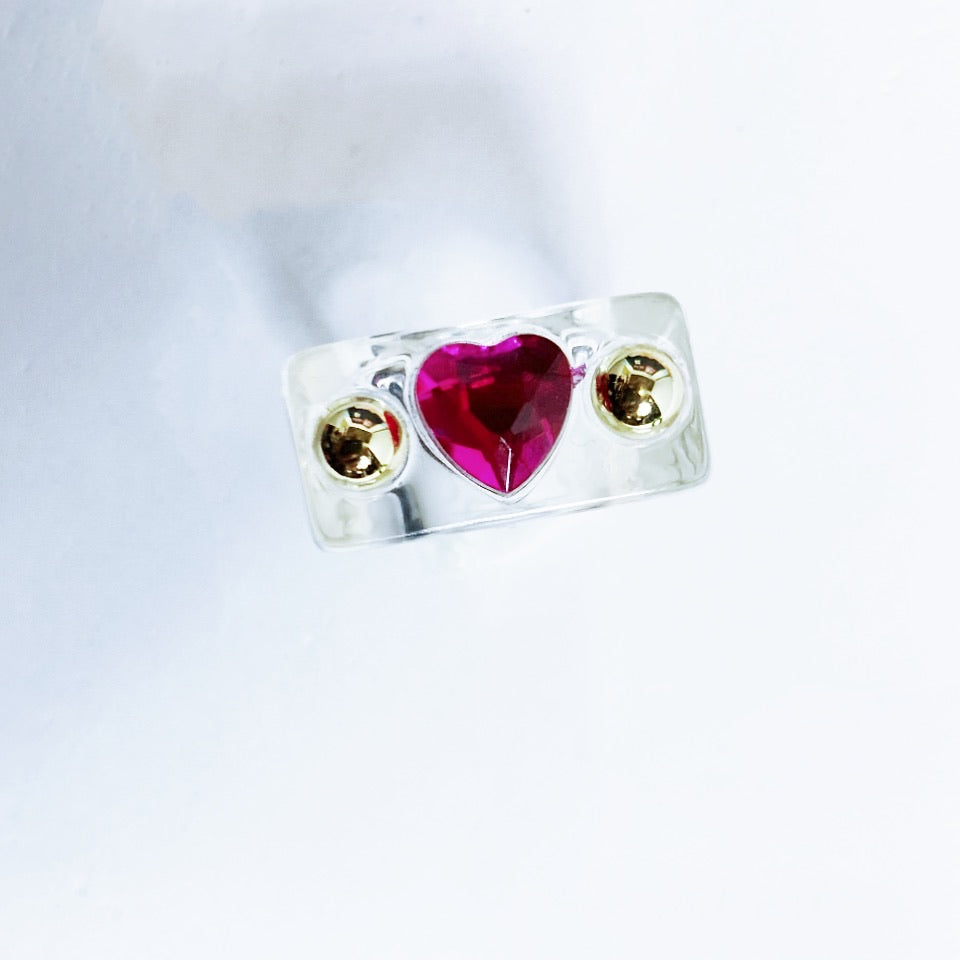 Image Gang_Kandi_Clear_Resin Ring__Pink Heart_Gold Studs_Lucille Golden_Vintage