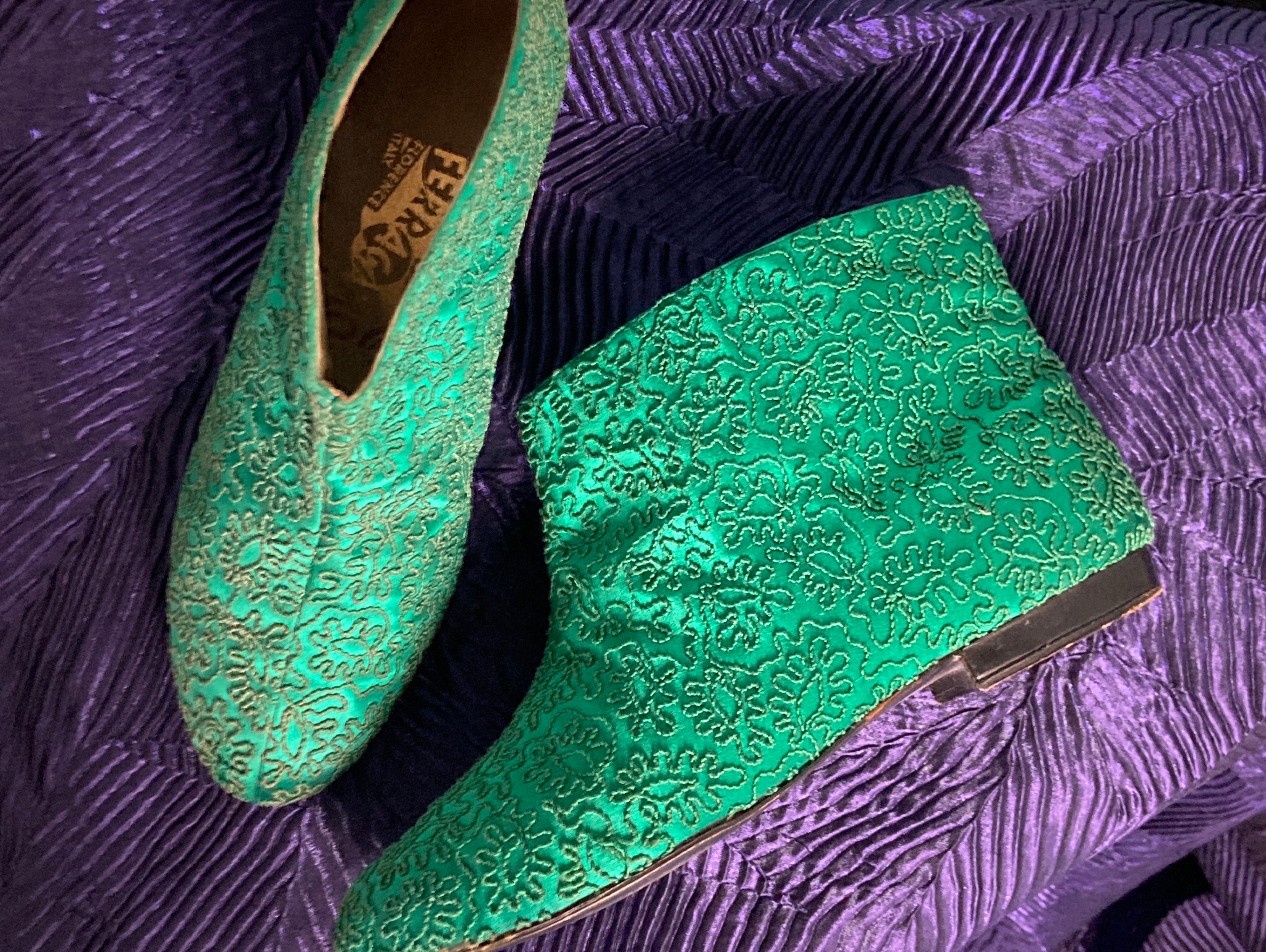 Rare Salvatore Ferragamo Hand Embroidered Satin Booties size 6.5