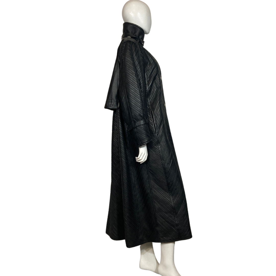 Vintage Black Leather Trench Coat- Maxi Leather Coat - Issey Miyake Pleats -Lucille Golden Vintage