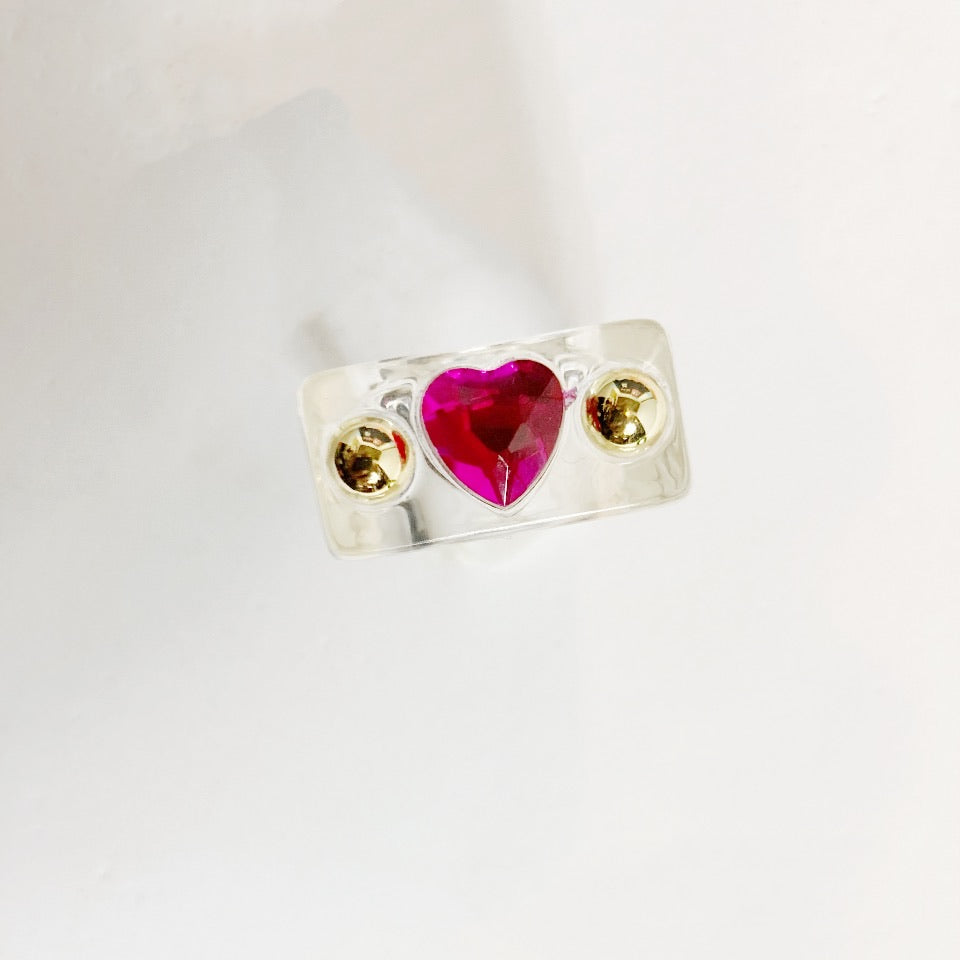 Image Gang_Kandi_Clear_Resin Ring__Pink Heart_Gold Studs_Lucille Golden_Vintage