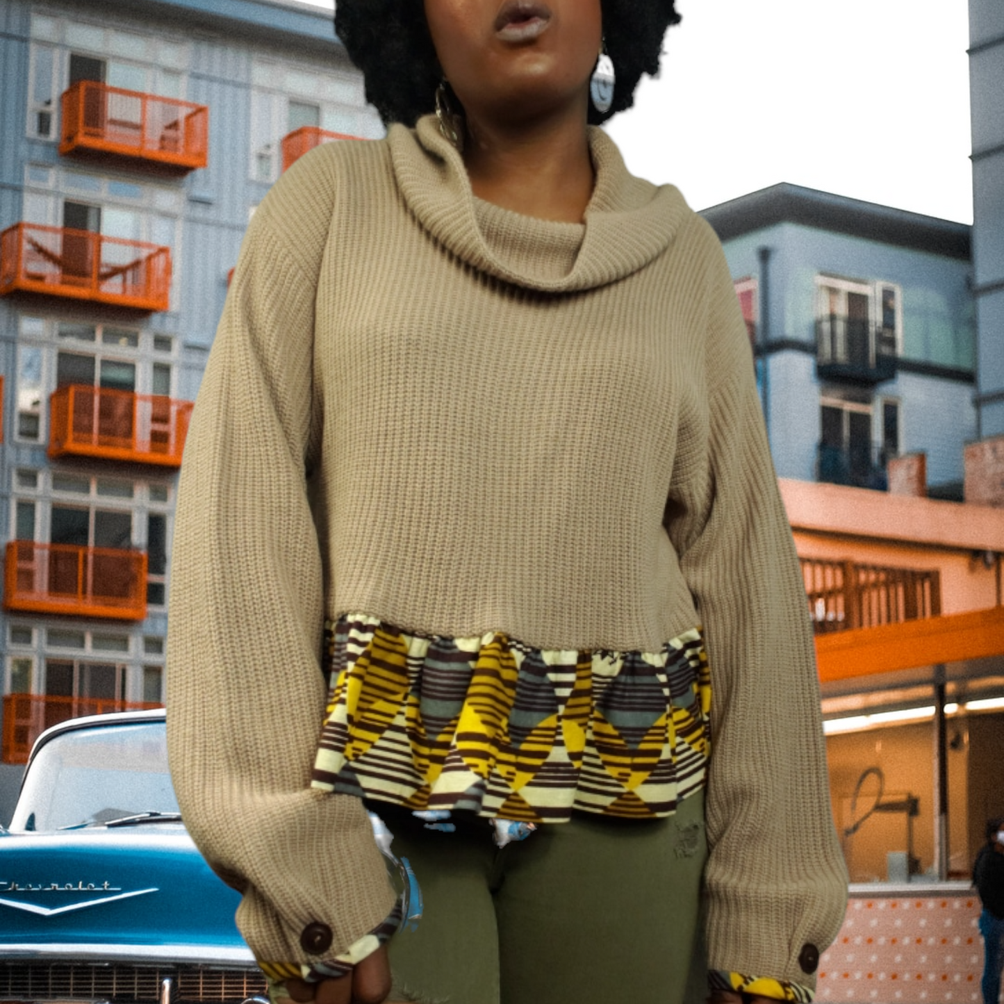 African Fabric Trim Cowl Neck Sweater Size L