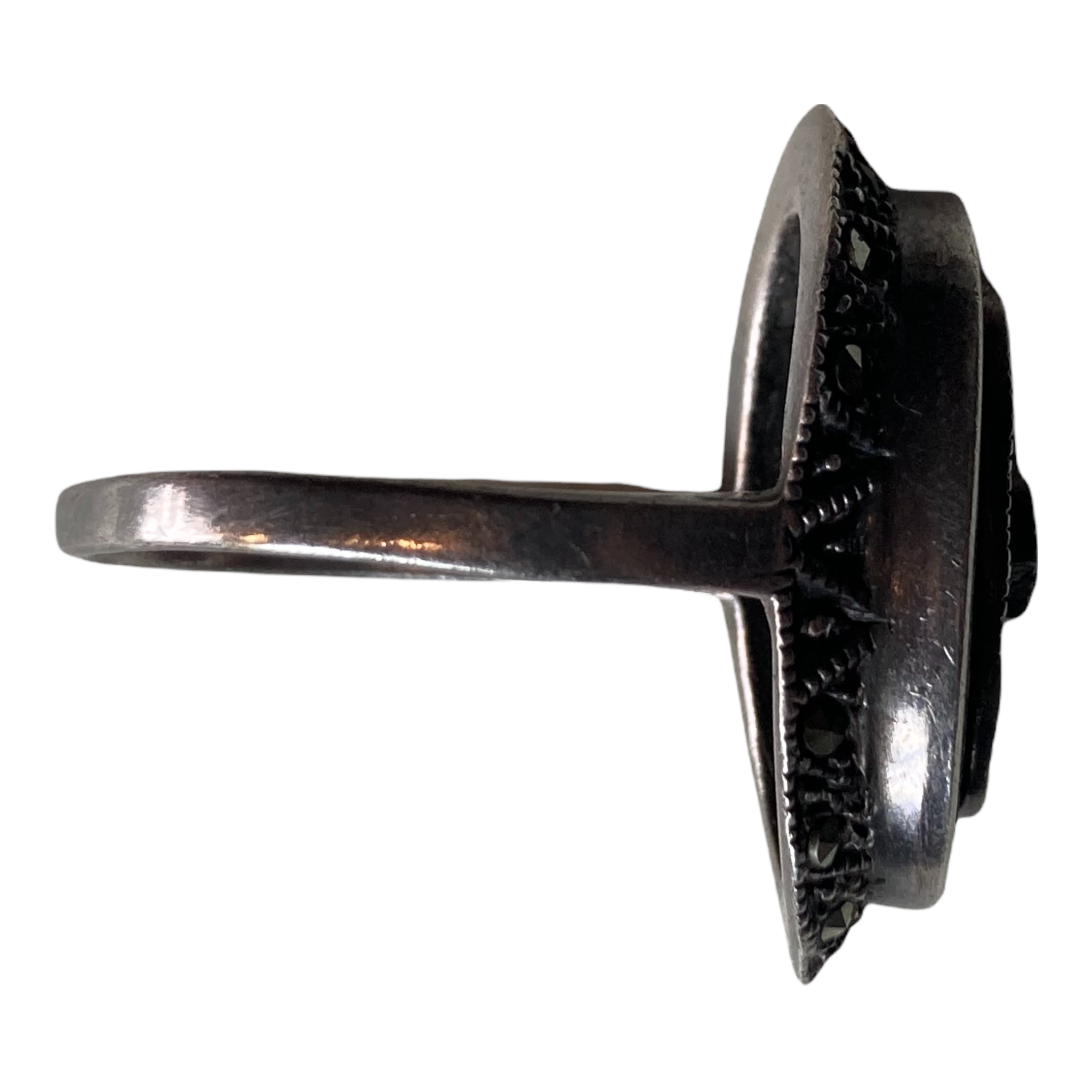 Antique Victorian Mourning Sterling Black Onyx Marcasite Ring