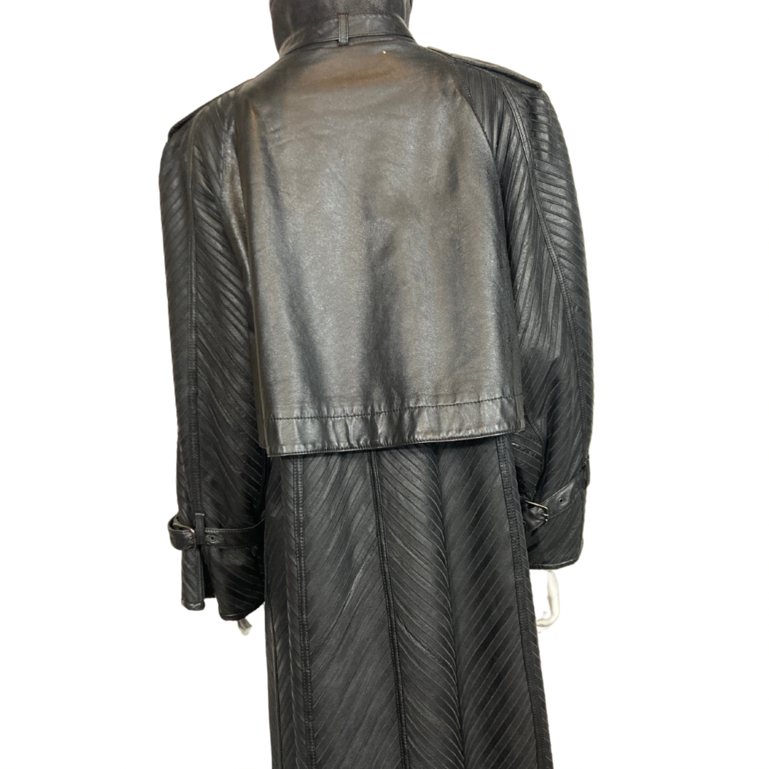 Vintage Black Pleated  Maxi Leather Coat Size L