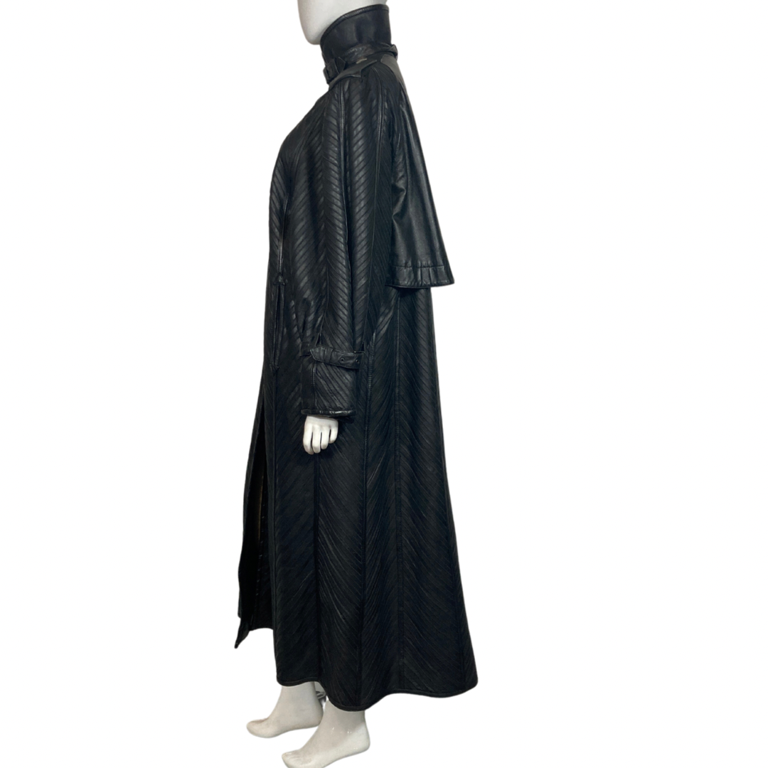Vintage Black Leather Trench Coat- Maxi Leather Coat - Issey Miyake Pleats -Lucille Golden Vintage