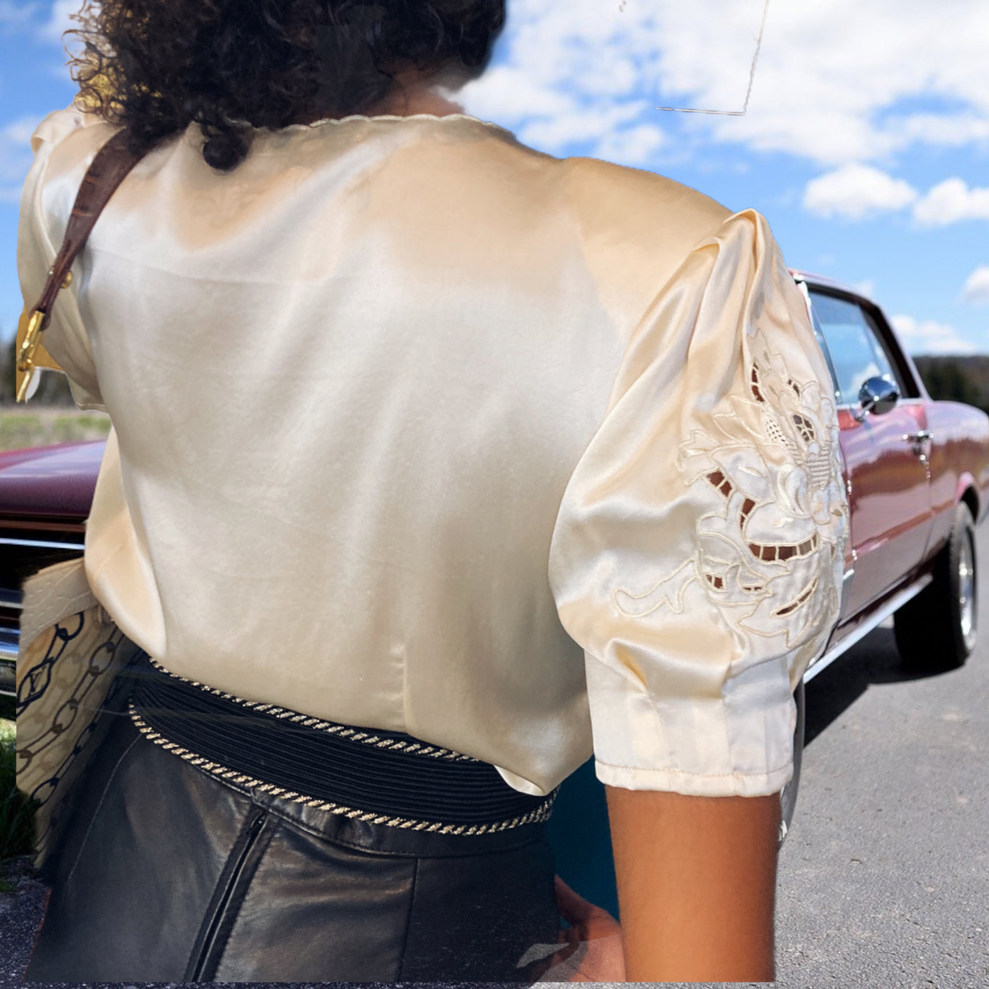 1960s Peony Hand Embroidered Silk Blouse Size Small