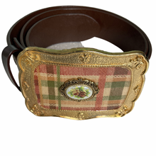 Load image into Gallery viewer, Vintage Leather Tooled Belt with Plaid Buckle Size M