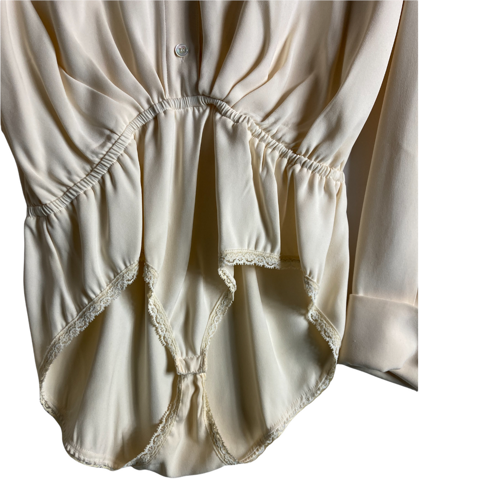 Vintage Donna Karan Ivory Silk Bodysuit Blouse, French Cuffs — Draped Waist | 1990s Designer Minimalist Size 10