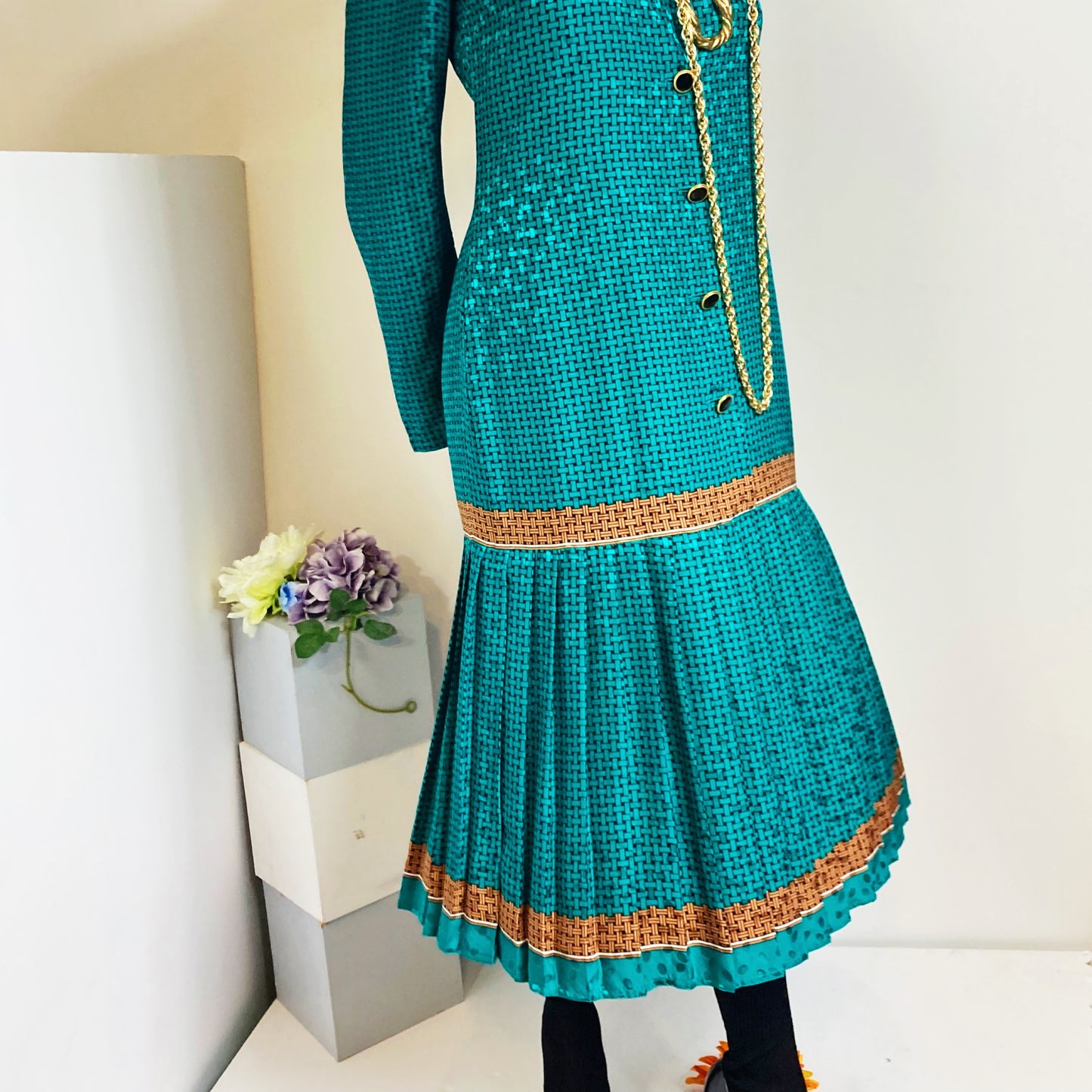 Julie Francis Silk Jacquard Pleated Dress Size 8