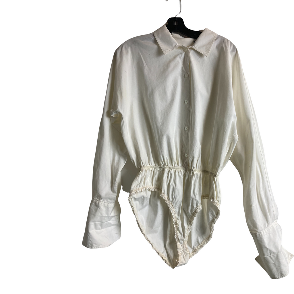 Vintage Donna Karan White Cotton Shirt Bodysuit — Tailored Blouse | 90s Minimalist Designer  Size 10