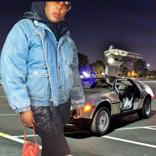 Load image into Gallery viewer, KRAZY KRINKLE By Saxton Hall Vintage Denim Down Bomber Jacket Size M
