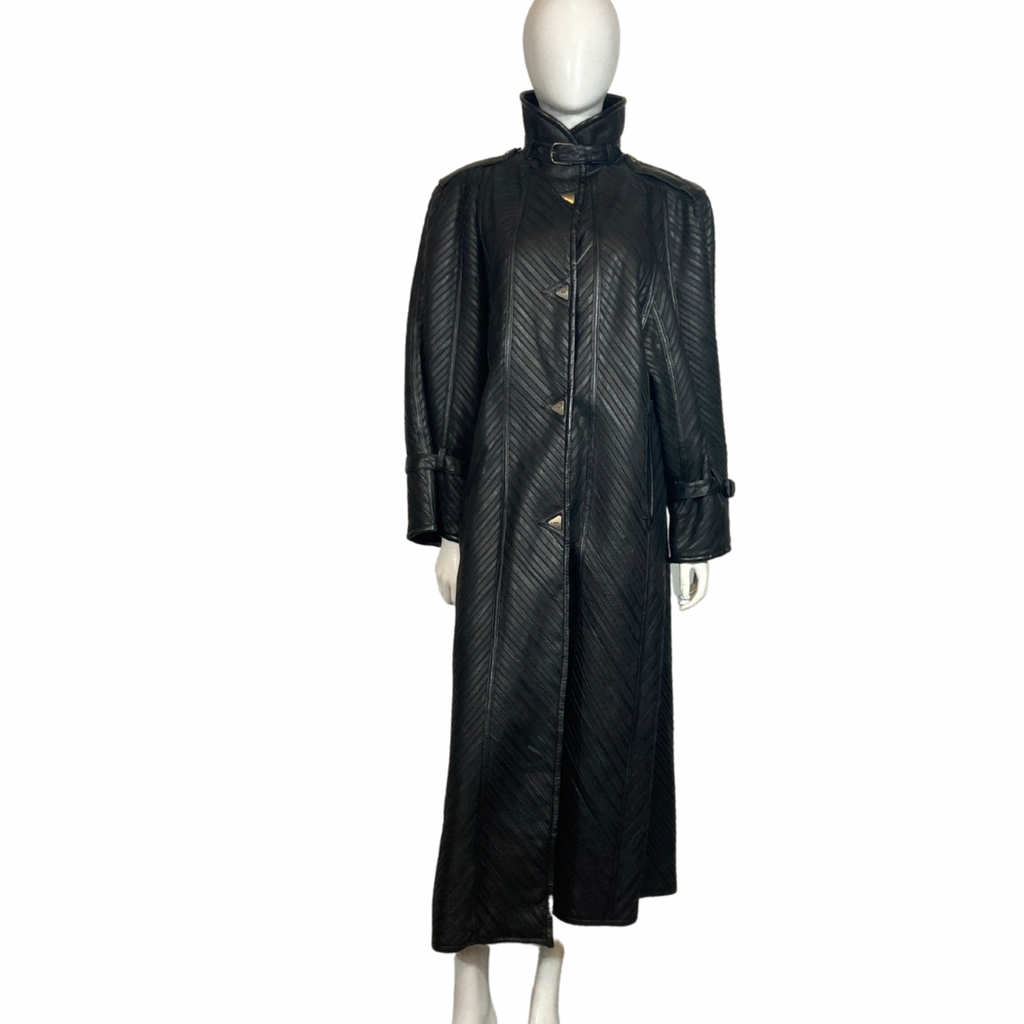 Vintage Black Leather Trench Coat- Maxi Leather Coat - Issey Miyake Pleats -Lucille Golden Vintage