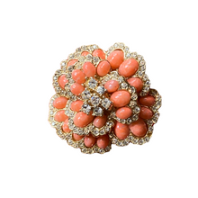 Load image into Gallery viewer, Vintage Signed Ciner Flower Brooch,Coral Cabachon Rhinestone
