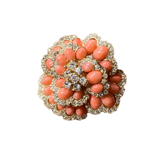 Load image into Gallery viewer, Vintage Signed Ciner Flower Brooch,Coral Cabachon Rhinestone