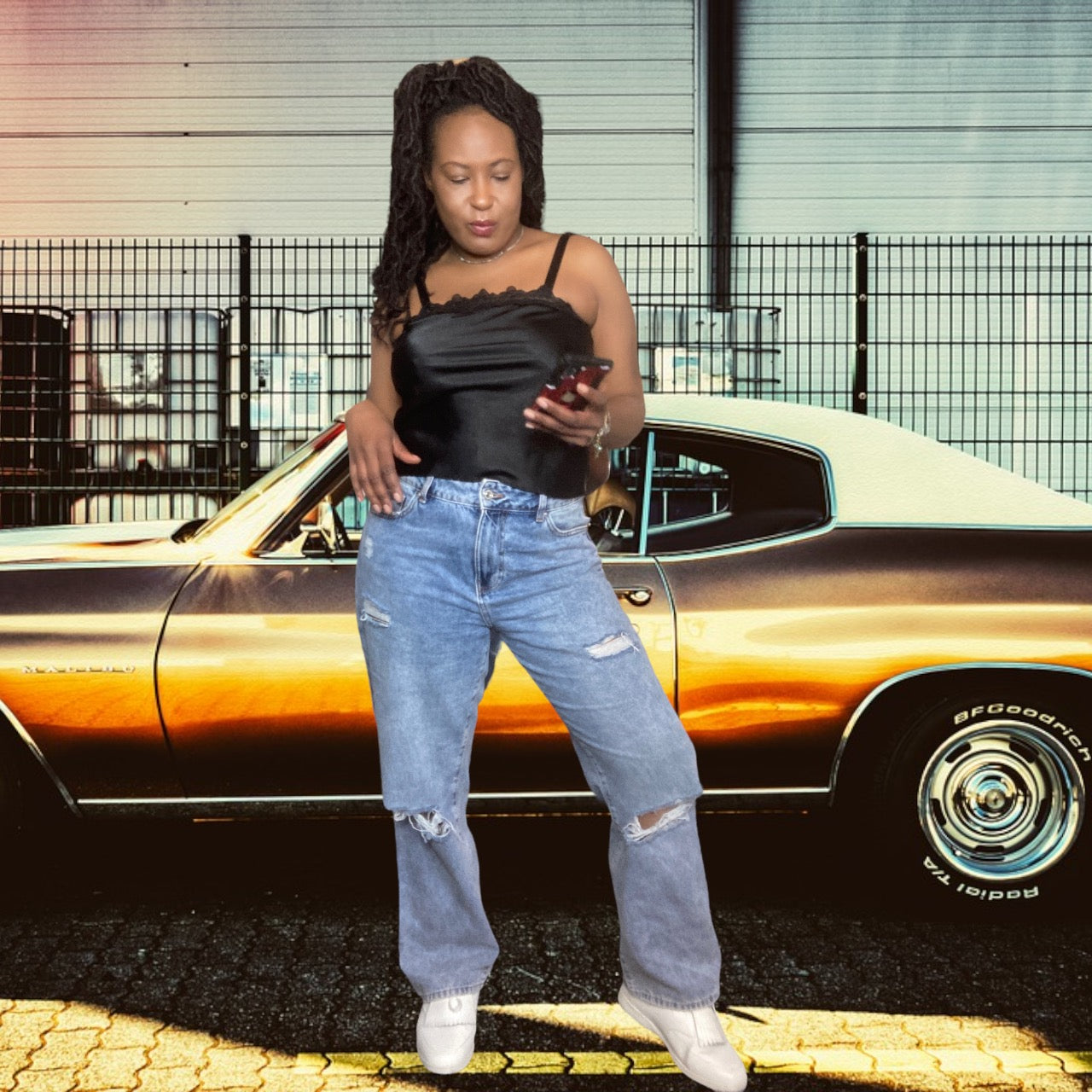 Vintage Black Lace Trim Satin Slip Top Size M