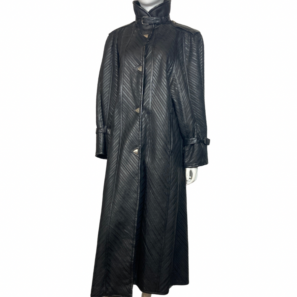 Vintage Black Pleated  Maxi Leather Coat Size L