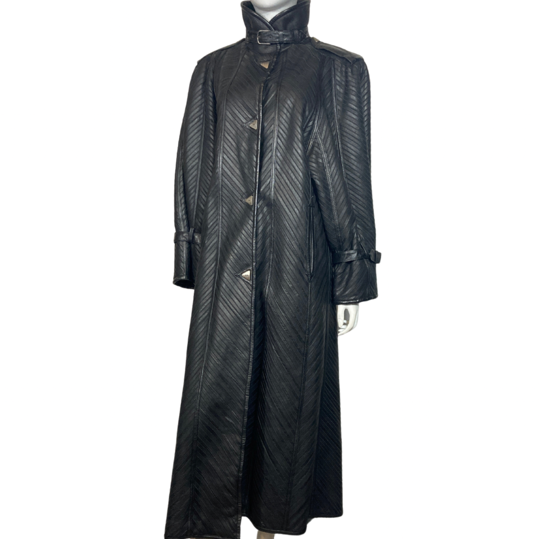 Vintage Black Pleated  Maxi Leather Coat Size L
