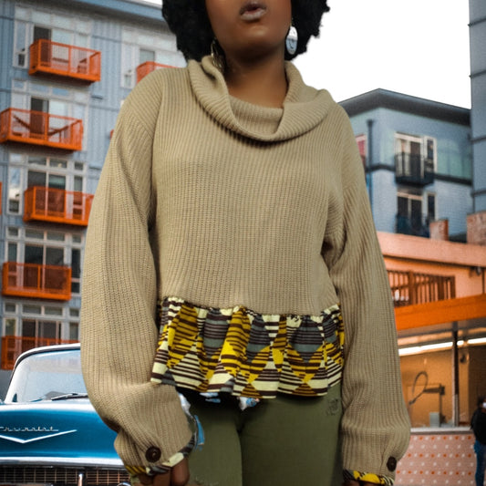 African Fabric Trim Cowl Neck Sweater Size L