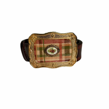Load image into Gallery viewer, Vintage Leather Tooled Belt with Plaid Buckle Size M
