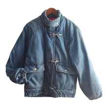 Load image into Gallery viewer, KRAZY KRINKLE By Saxton Hall Vintage Denim Down Bomber Jacket Size M

