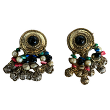 Load image into Gallery viewer, Vintage Dome Plate, Cabachon Stone Fringe Chandelier Clip-on Earrings
