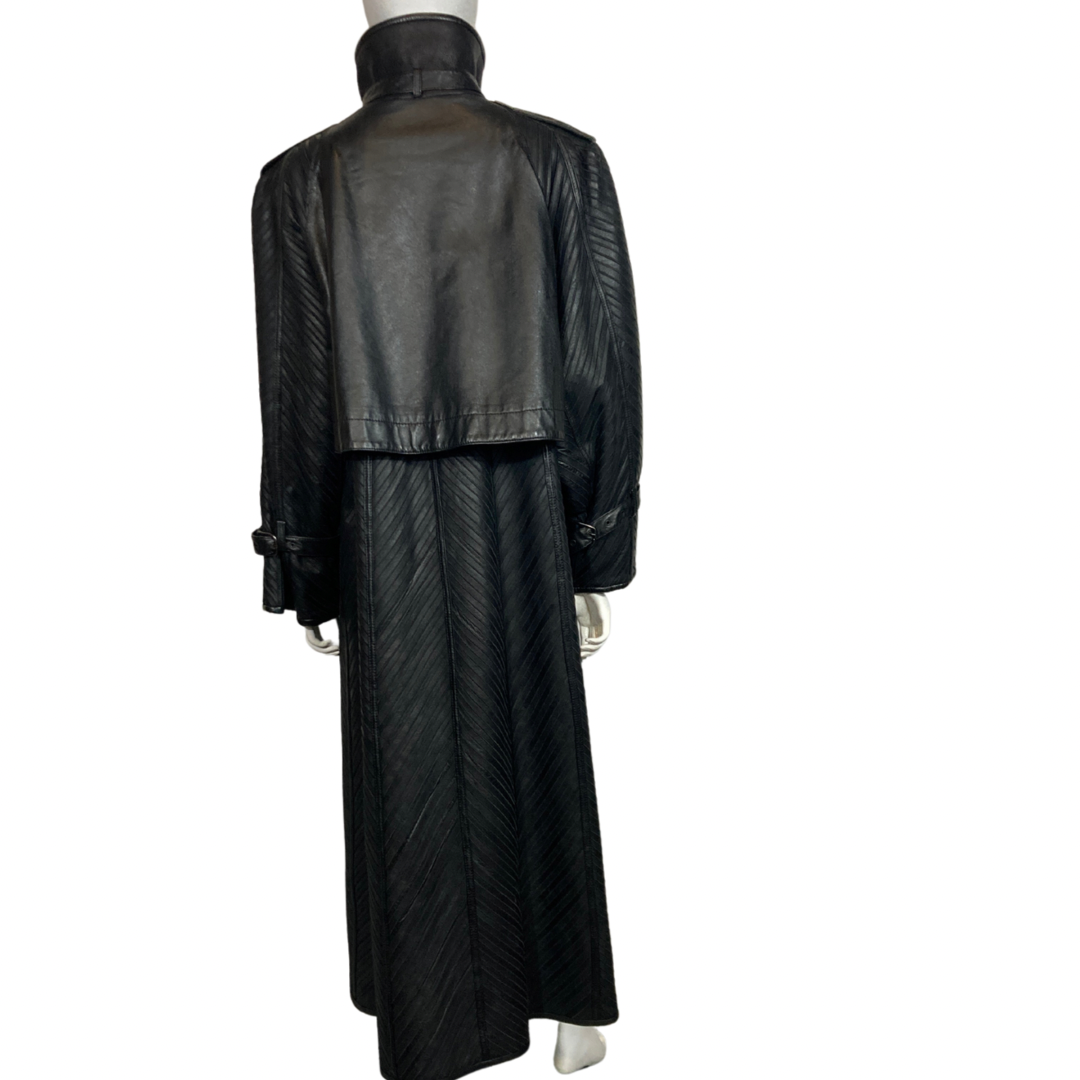 Vintage Black Pleated  Maxi Leather Coat Size L