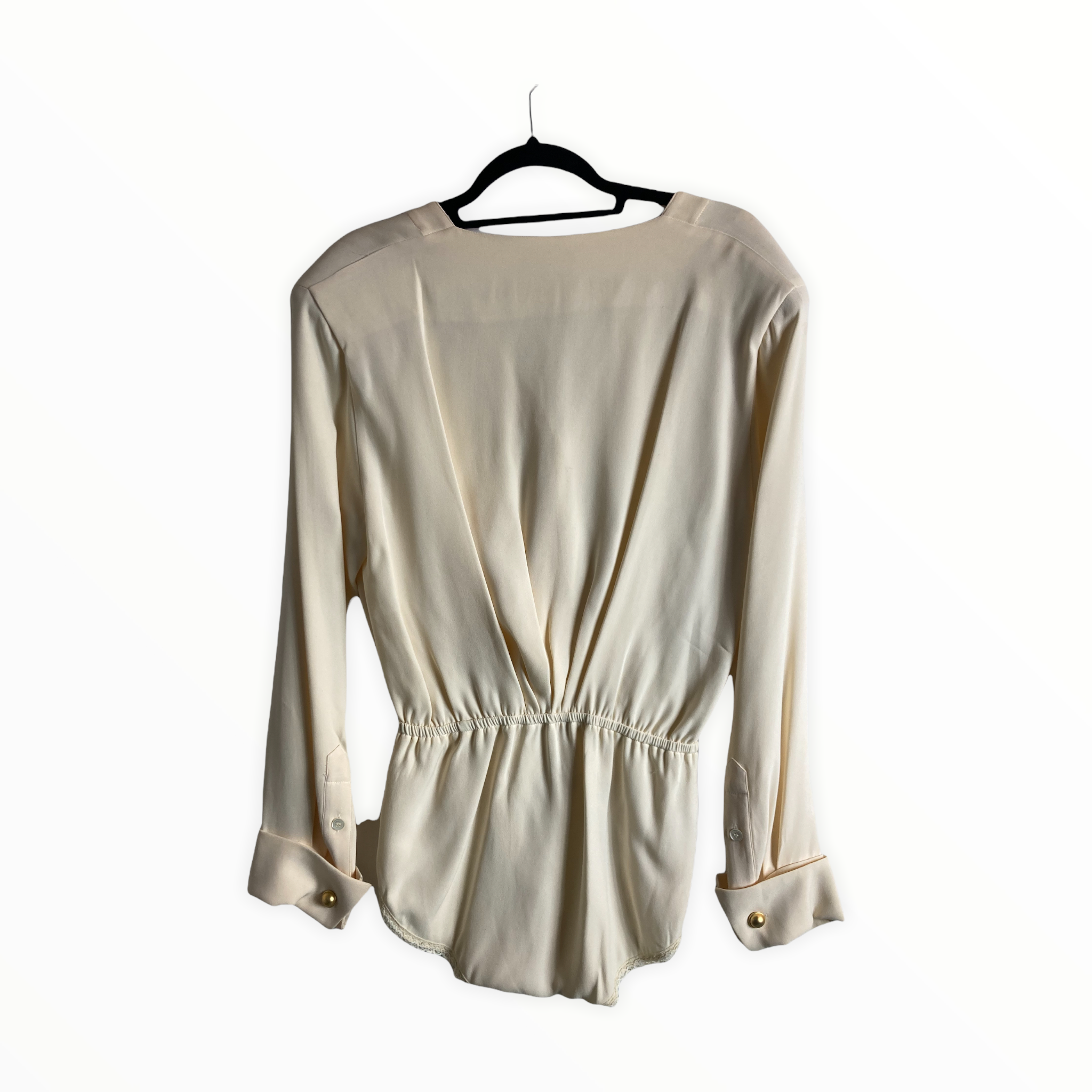 Vintage Donna Karan Ivory Silk Bodysuit Blouse, French Cuffs — Draped Waist | 1990s Designer Minimalist Size 10