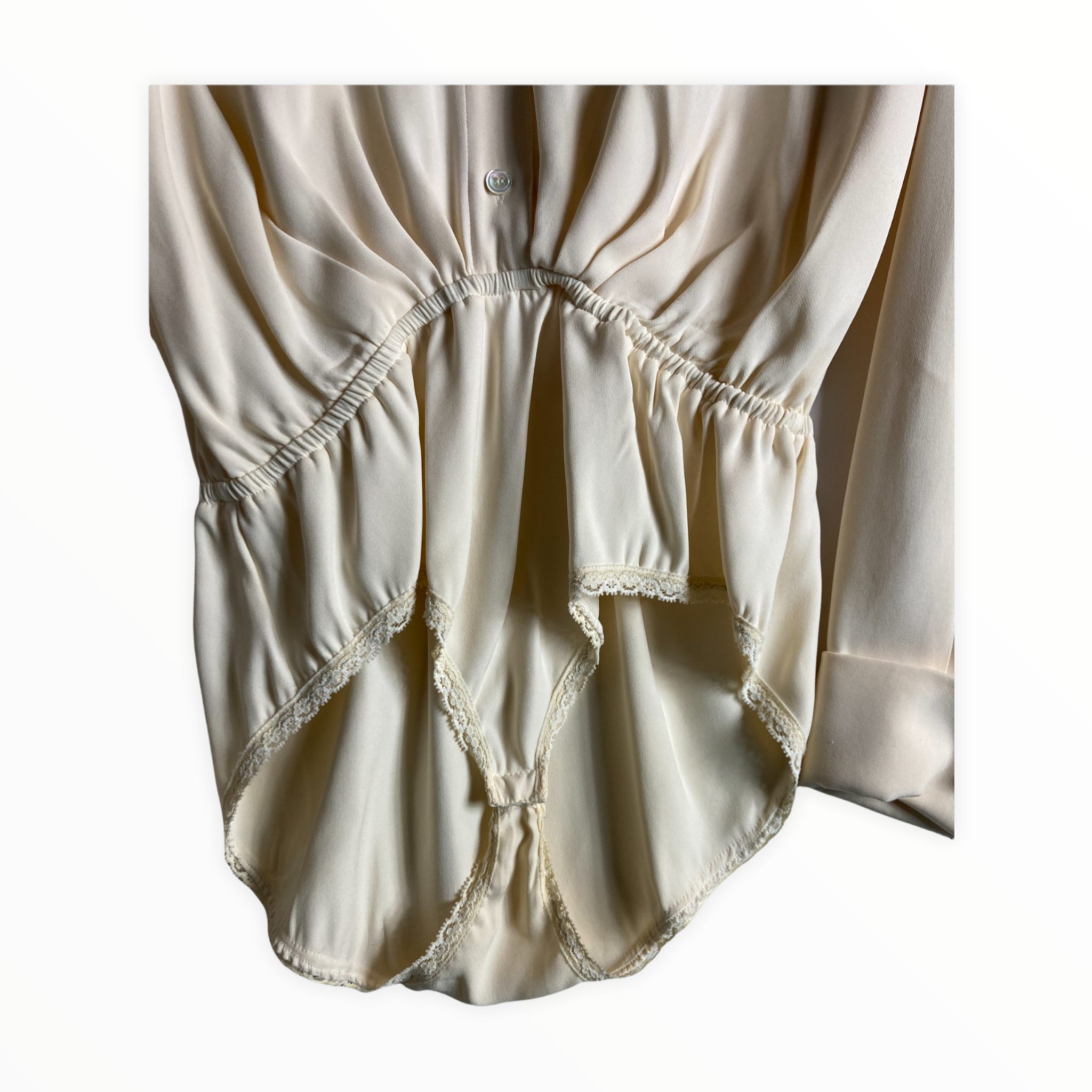Vintage Donna Karan Ivory Silk Bodysuit Blouse, French Cuffs — Draped Waist | 1990s Designer Minimalist Size 10