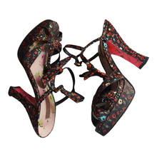 Load image into Gallery viewer, Betsy Johnson Satin  Floral Print Open Toe Heels sz. 7.5
