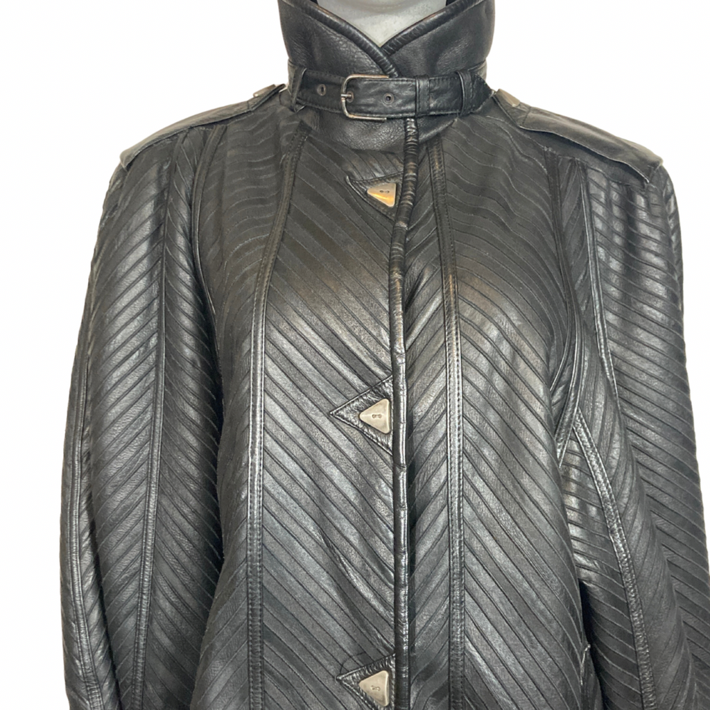 Vintage Black Pleated  Maxi Leather Coat Size L