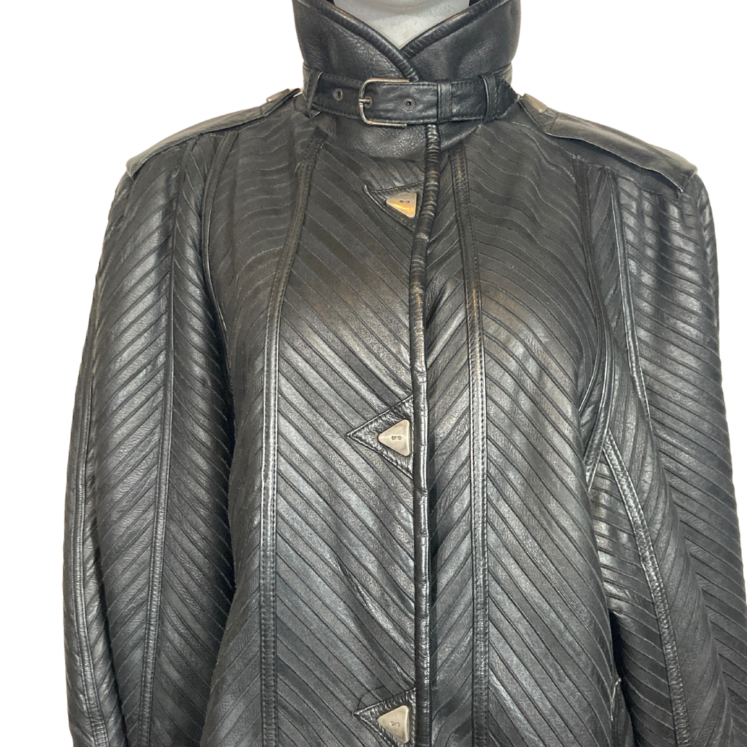 Vintage Black Pleated  Maxi Leather Coat Size L