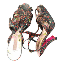 Load image into Gallery viewer, Betsy Johnson Satin  Floral Print Open Toe Heels sz. 7.5
