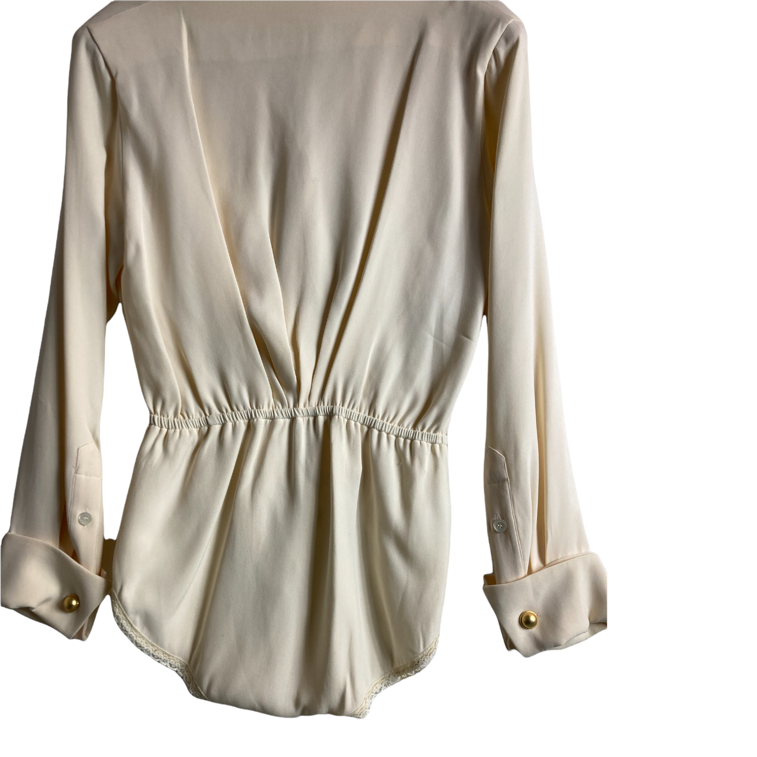 Vintage Donna Karan Ivory Silk Bodysuit Blouse, French Cuffs — Draped Waist | 1990s Designer Minimalist Size 10